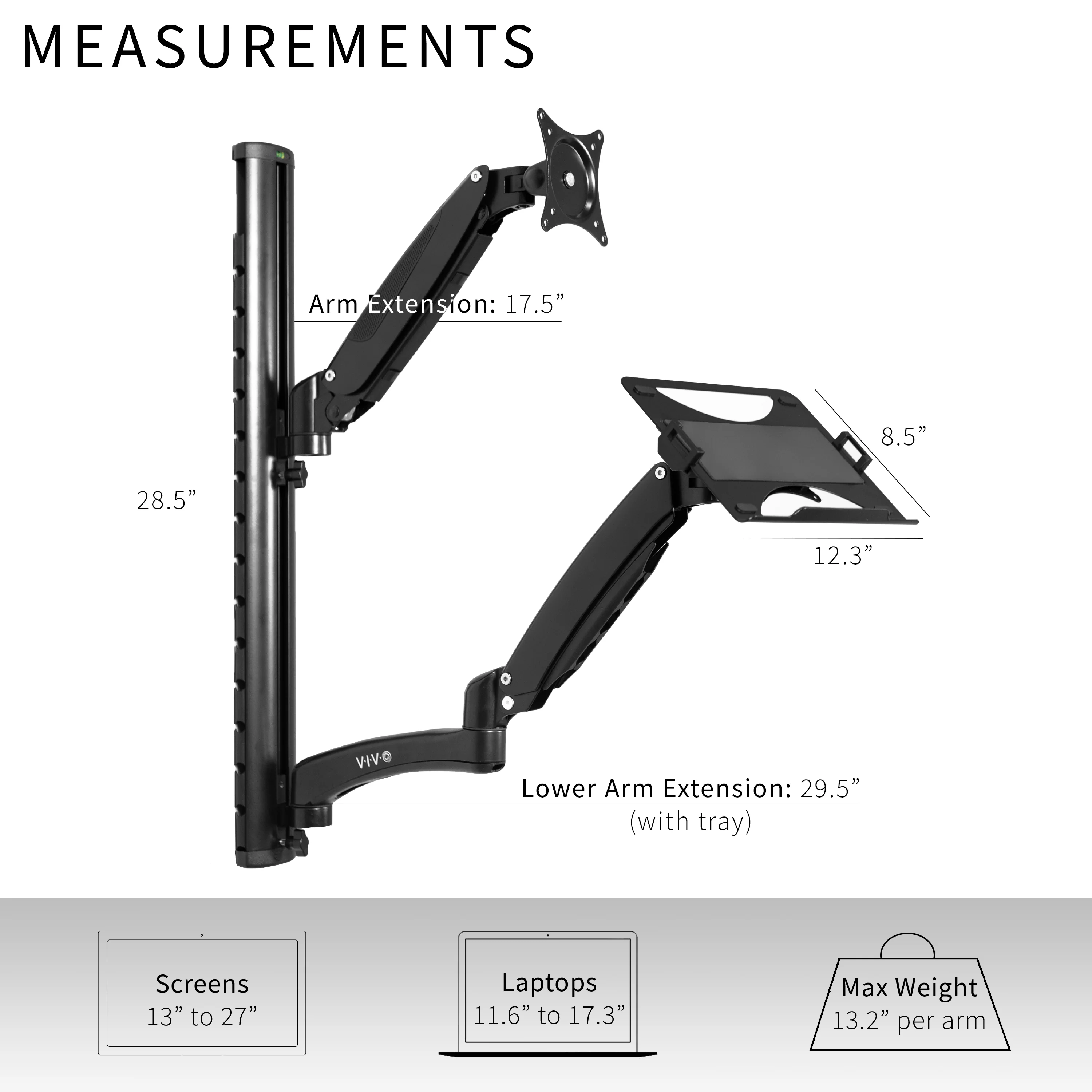 Sit to Stand Single Monitor & Laptop Wall Mount Workstation - Up to 27" Screens, 17.3" Laptops - Image 3