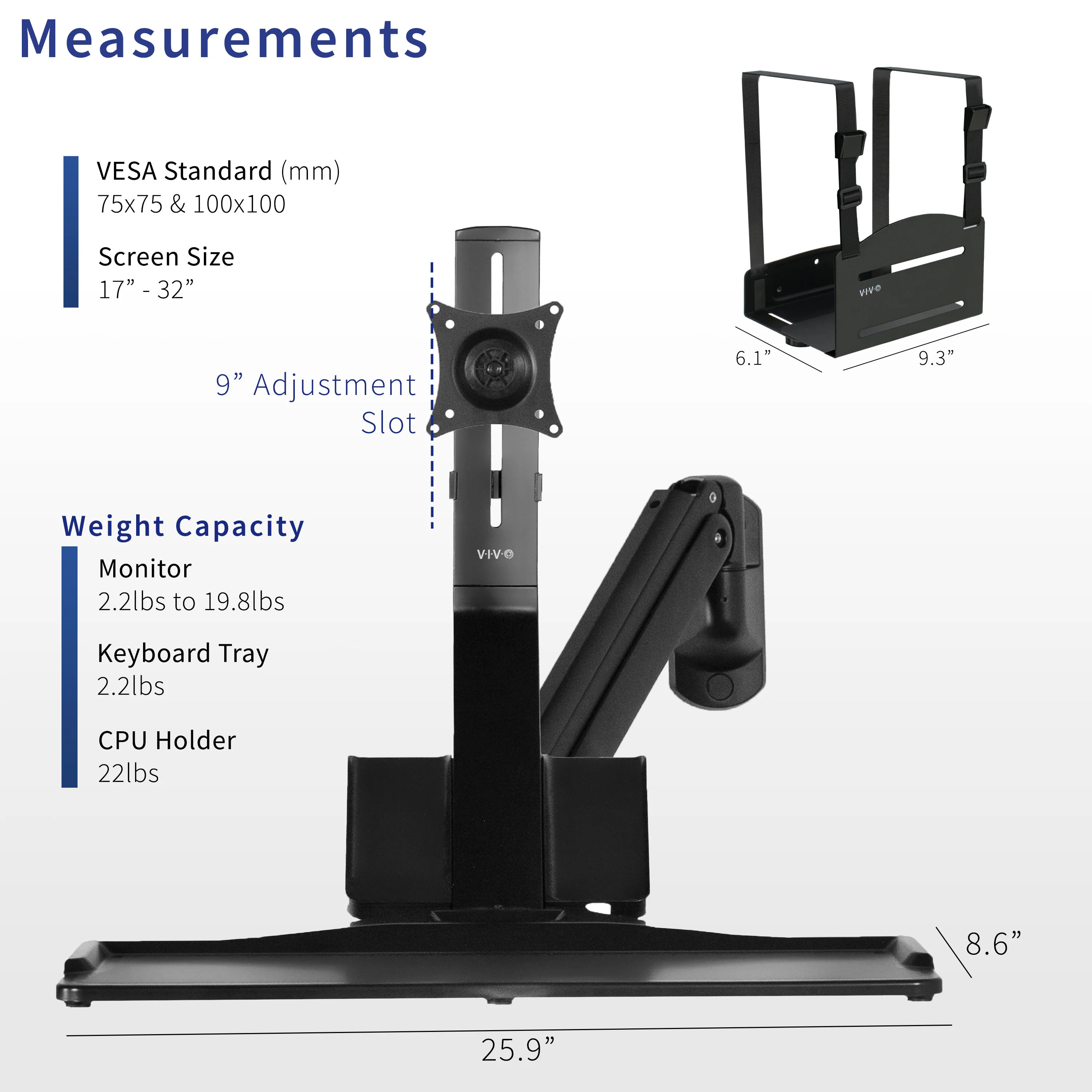 Single 17" to 32" Monitor Sit to Stand Wall Mount Workstation - Image 3