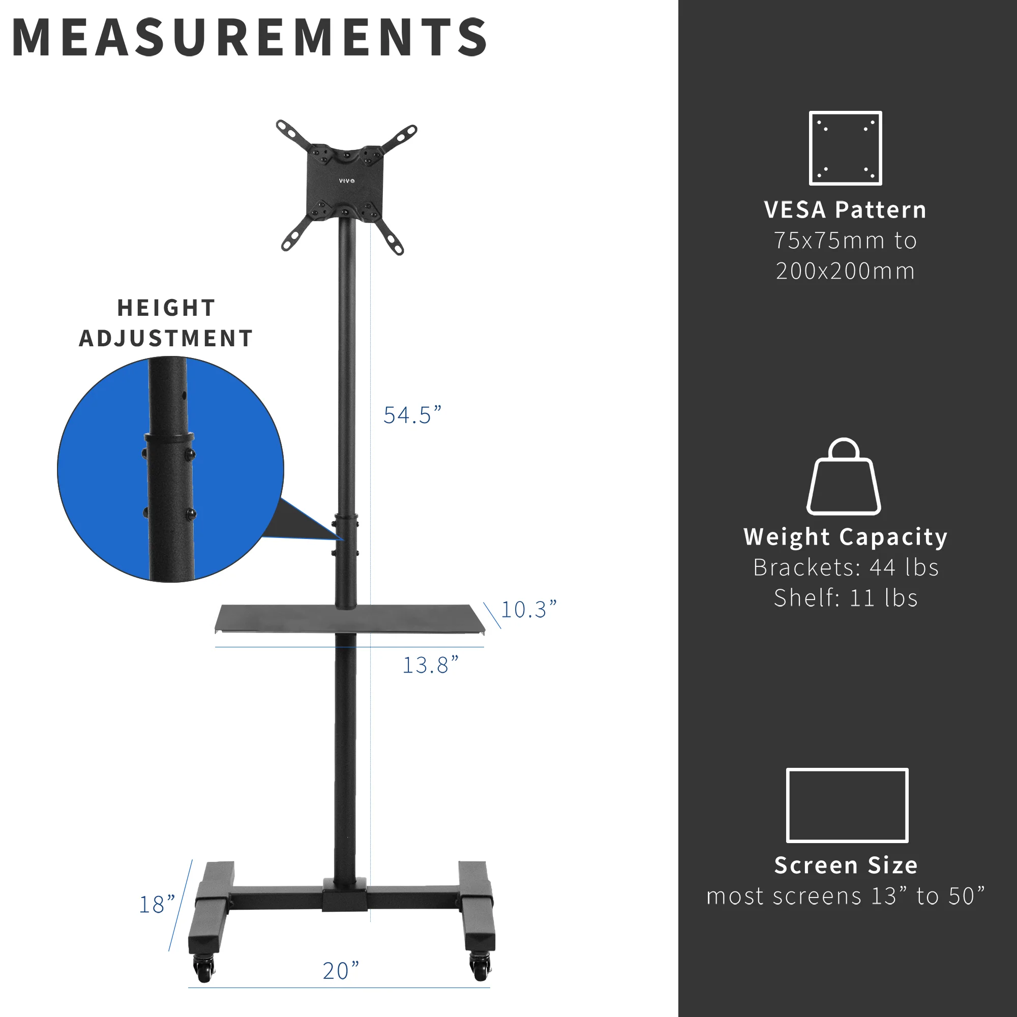TV Cart for 13" to 50" Screens with Shelf - Image 4